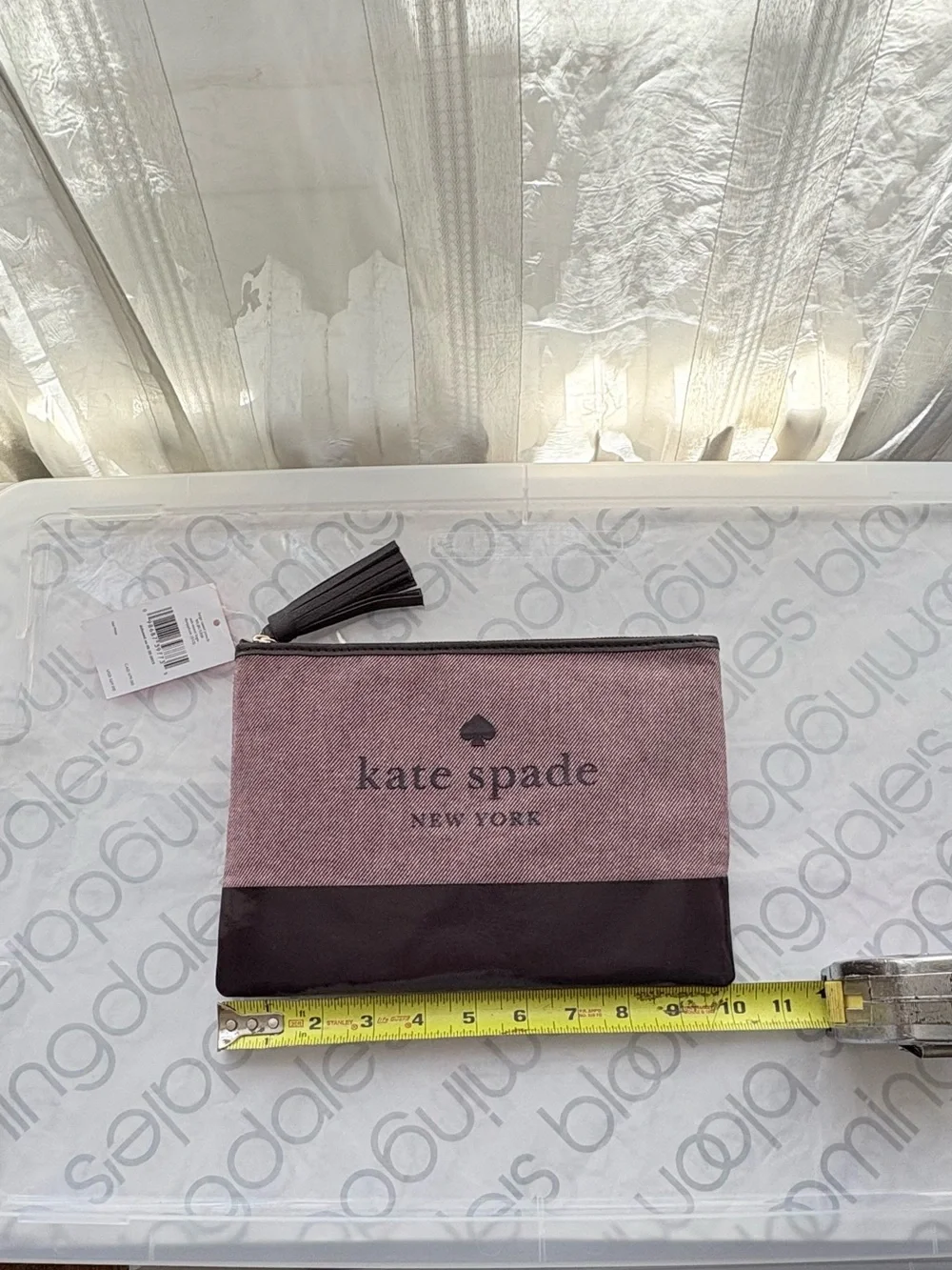 Pink and Brown Canvas Leather Zip Pouch Kate Spade Ash St. Logo Large Tassel